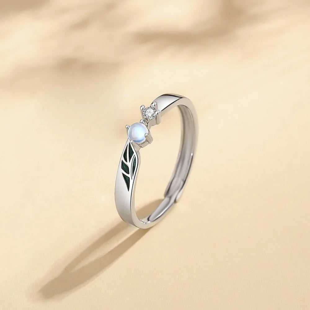 Trumium Sterling Silver 925 Couples Rings Adjustable Open Engagement Ring Leaf Zircon Jewelry for Women Anniversary Simple Gifts