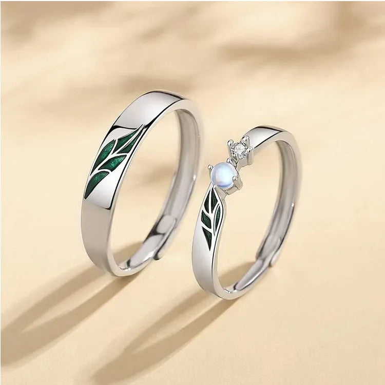 Trumium Sterling Silver 925 Couples Rings Adjustable Open Engagement Ring Leaf Zircon Jewelry for Women Anniversary Simple Gifts