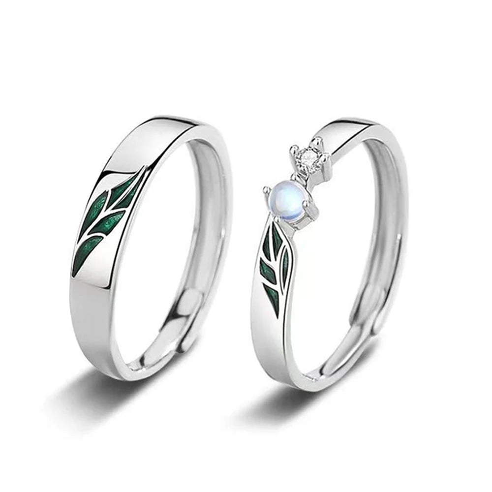 Trumium Sterling Silver 925 Couples Rings Adjustable Open Engagement Ring Leaf Zircon Jewelry for Women Anniversary Simple Gifts