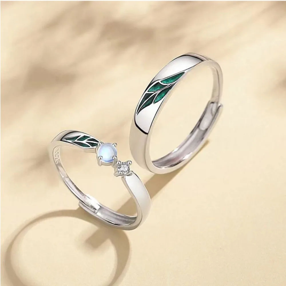 Trumium Sterling Silver 925 Couples Rings Adjustable Open Engagement Ring Leaf Zircon Jewelry for Women Anniversary Simple Gifts