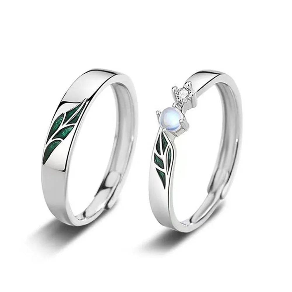 Trumium Sterling Silver 925 Couples Rings Adjustable Open Engagement Ring Leaf Zircon Jewelry for Women Anniversary Simple Gifts