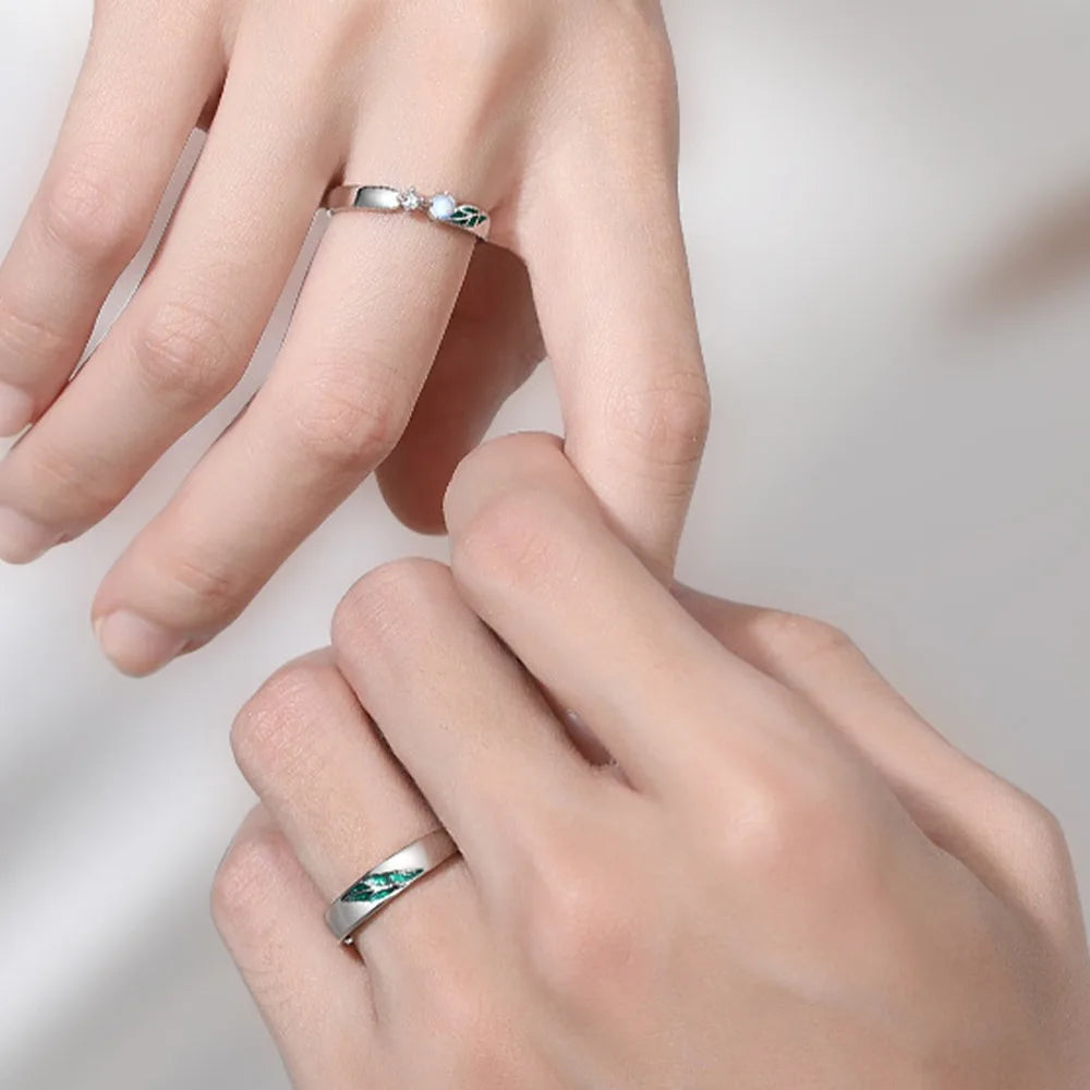 Trumium Sterling Silver 925 Couples Rings Adjustable Open Engagement Ring Leaf Zircon Jewelry for Women Anniversary Simple Gifts